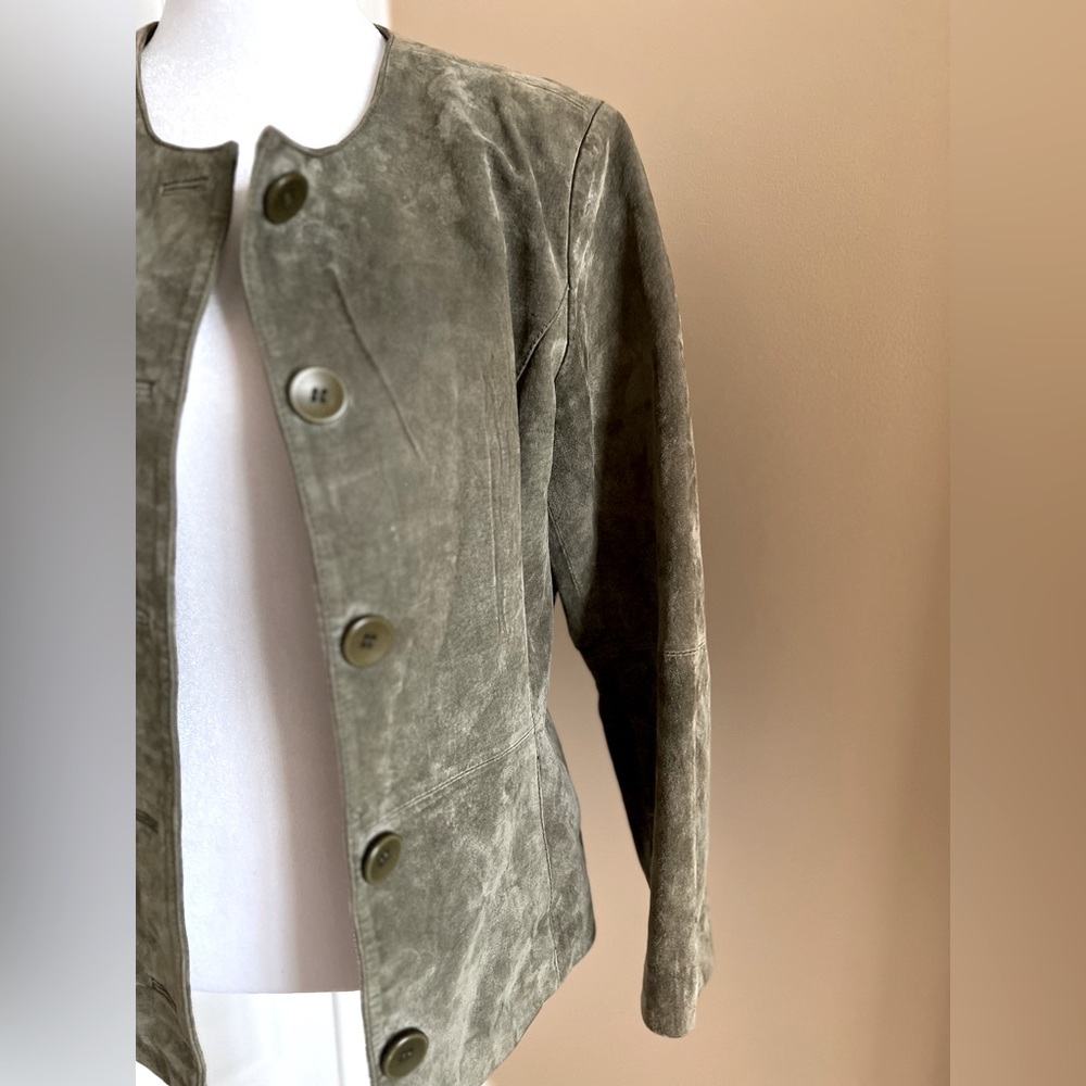 Vintage Coldwater Creek Olive Green Suede Leather Collarless Jacket